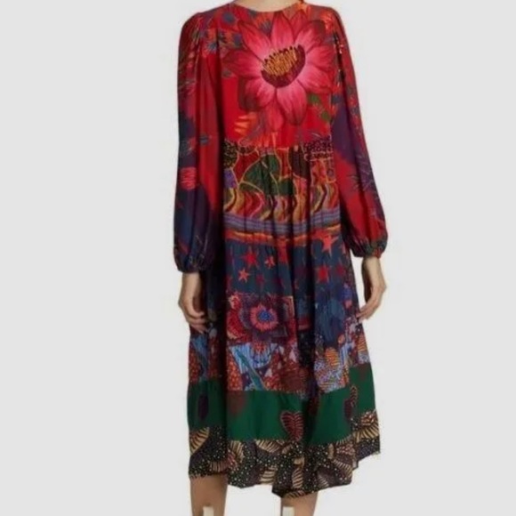 $225 Farm Rio Women's Red Mixed Prints Long Sleeve V-Neck Tunic Dress Size Small - Picture 4 of 4
